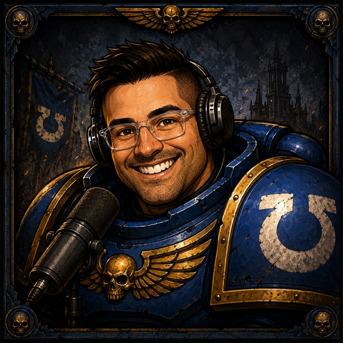 Ben in Space Marine power armor, headset on, mid-podcast