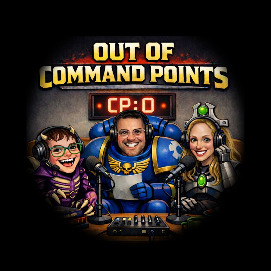 Out of Command Points show art: Marshall as a Tyranid, Ben as a Space Marine, and Caroline as a Necron, headphones on, mid-recording