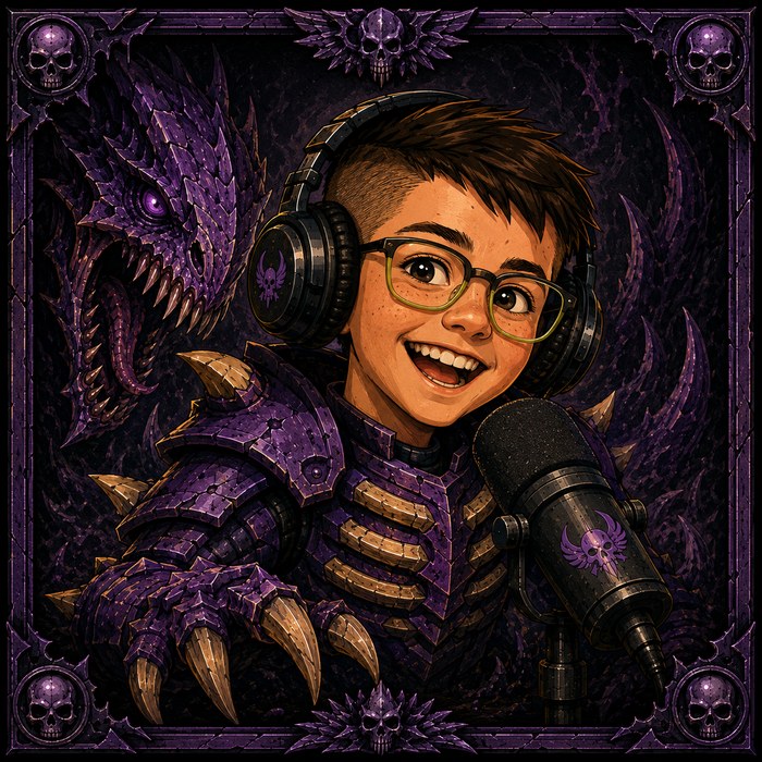 Marshall with Tyranid-styled horns, headset on, mid-podcast